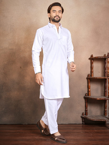Shopgarb Men’s White Cotton Pathani Kurta Pyjama Set