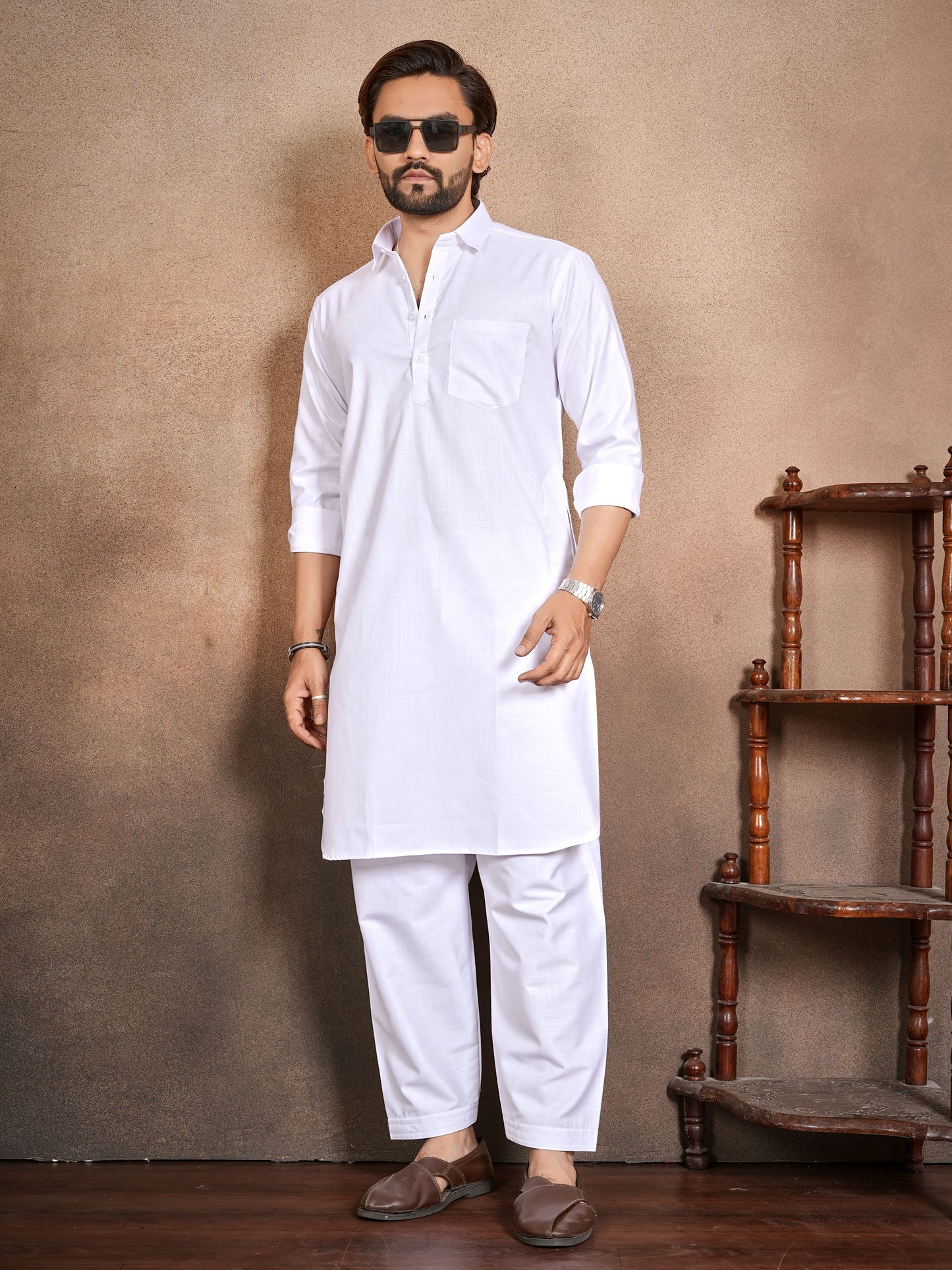 Shopgarb Men’s White Cotton Pathani Kurta Pyjama Set
