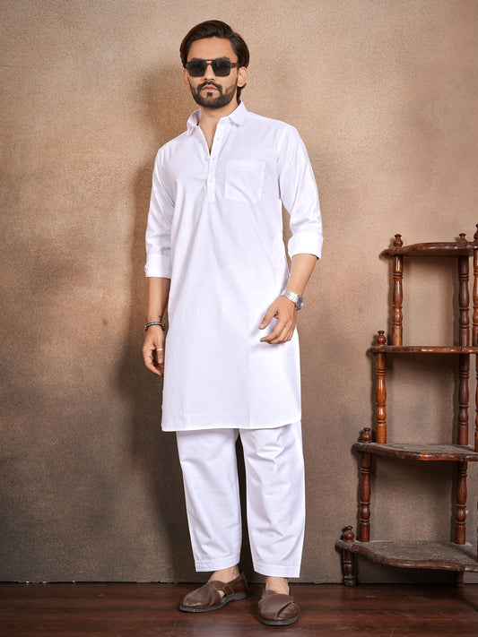 Shopgarb Men’s White Cotton Pathani Kurta Pyjama Set