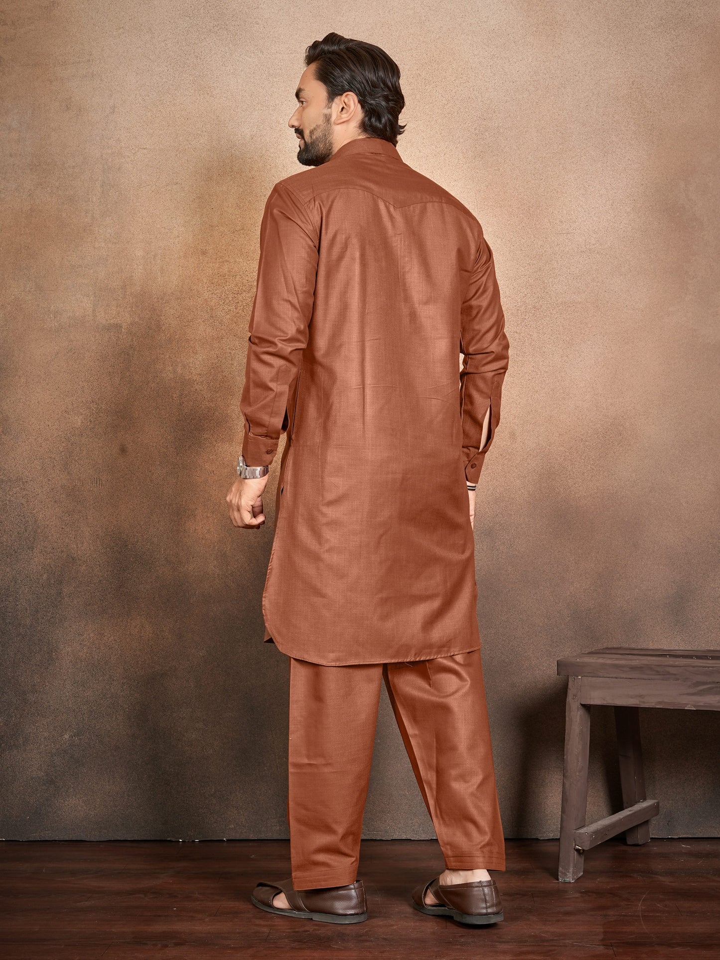 Shopgarb Men’s Brown Cotton Pathani Kurta Pyjama Set
