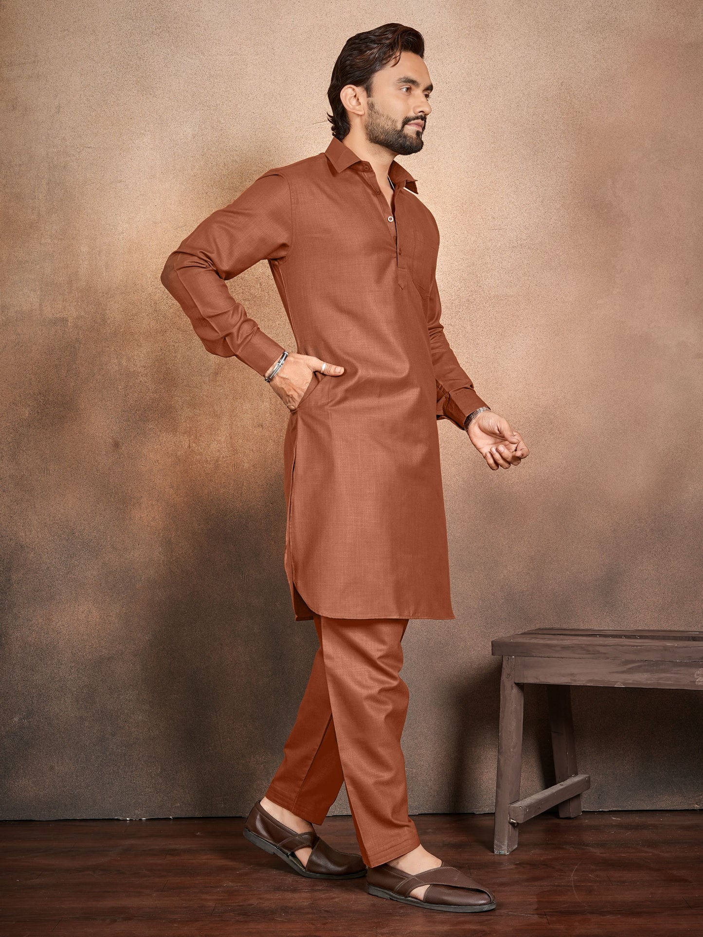 Shopgarb Men’s Brown Cotton Pathani Kurta Pyjama Set