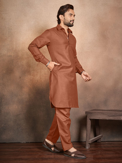 Shopgarb Men’s Brown Cotton Pathani Kurta Pyjama Set