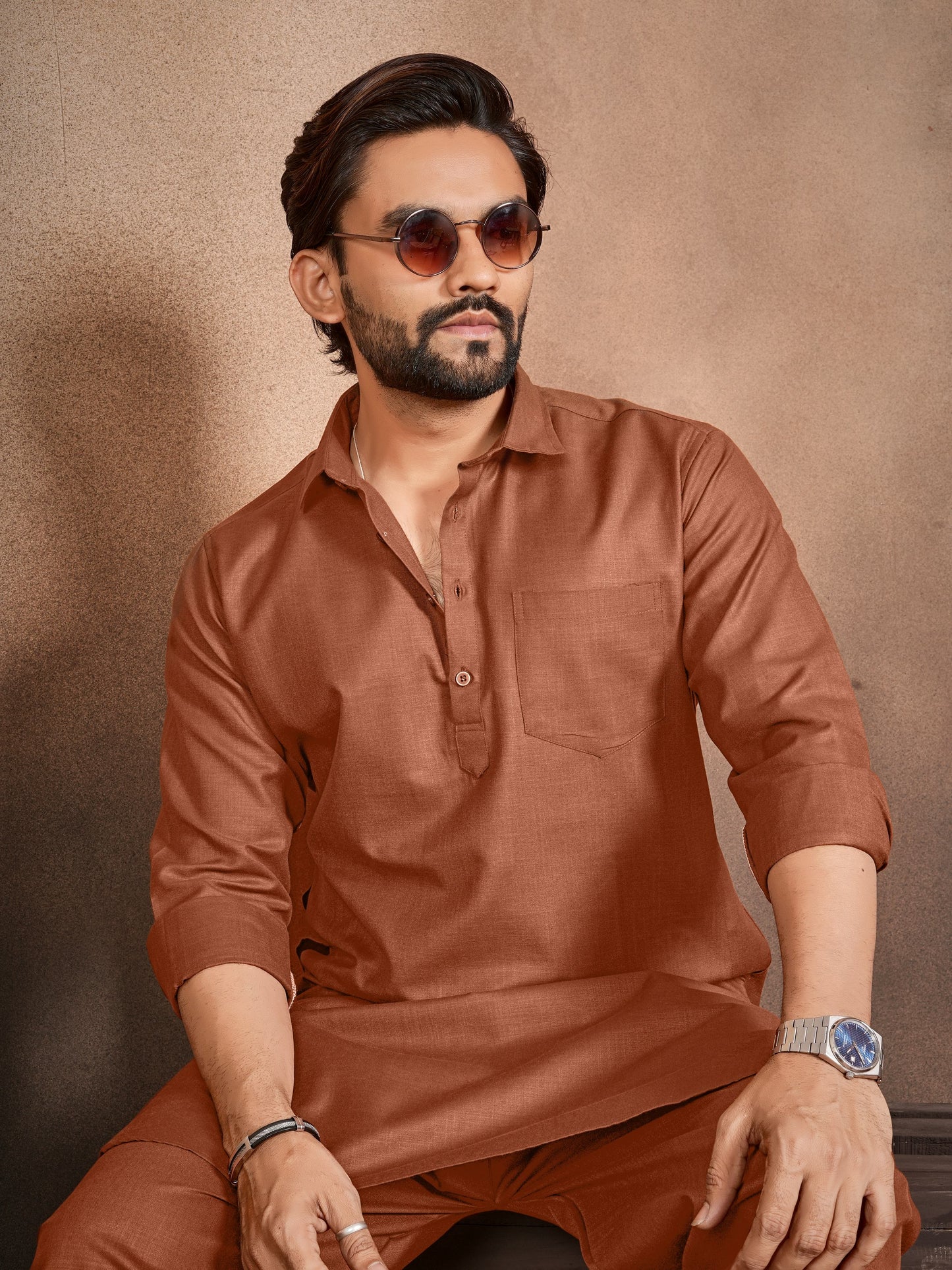 Shopgarb Men’s Brown Cotton Pathani Kurta Pyjama Set