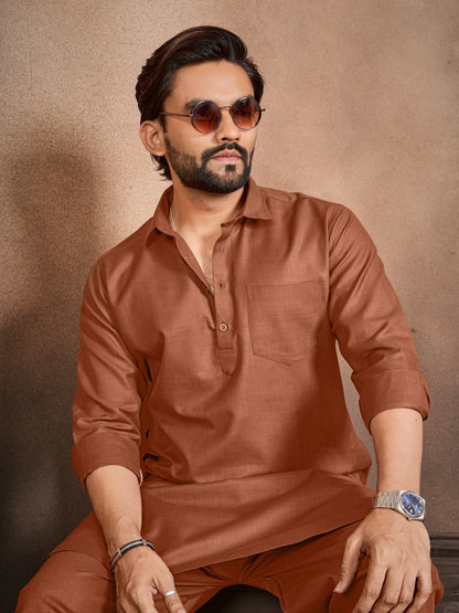 Shopgarb Men’s Brown Cotton Pathani Kurta Pyjama Set