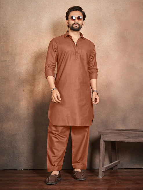 Shopgarb Men’s Brown Cotton Pathani Kurta Pyjama Set