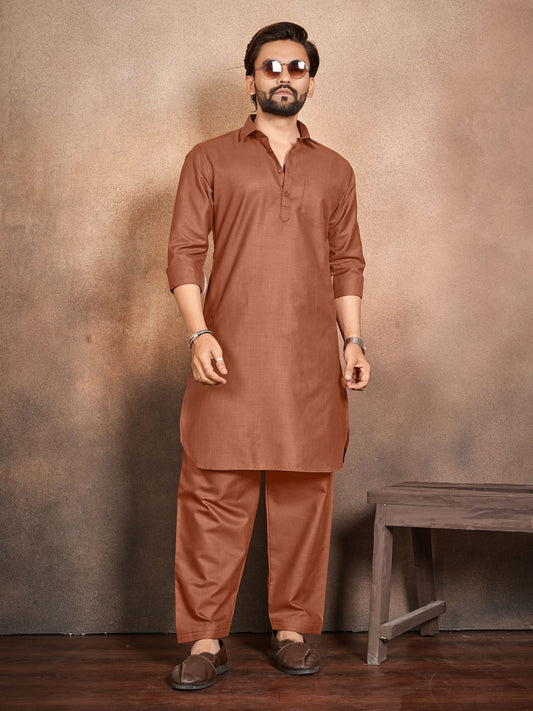 Shopgarb Men’s Brown Cotton Pathani Kurta Pyjama Set