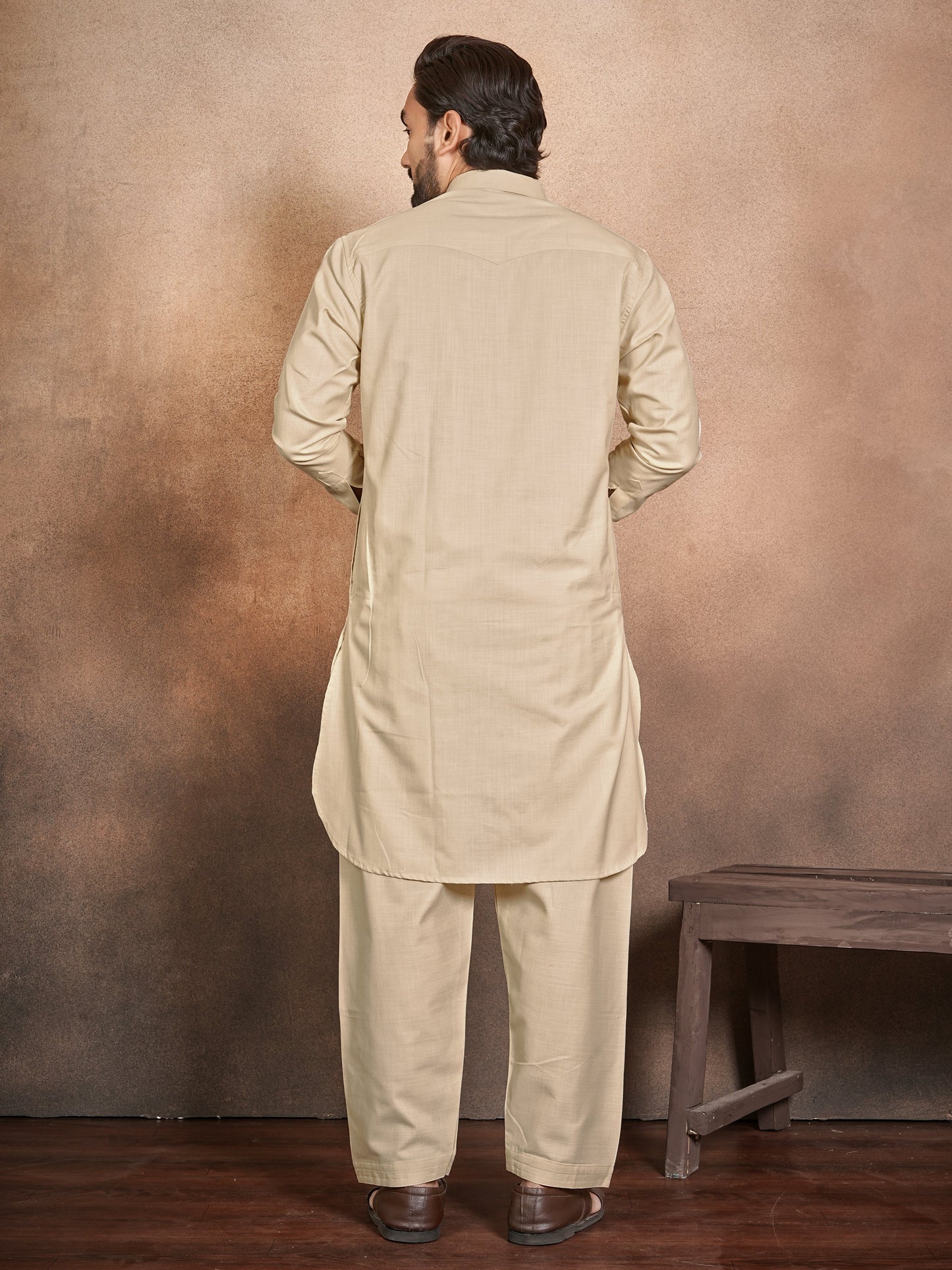 Shopgarb Men’s Beige Cotton Pathani Kurta Pyjama Set