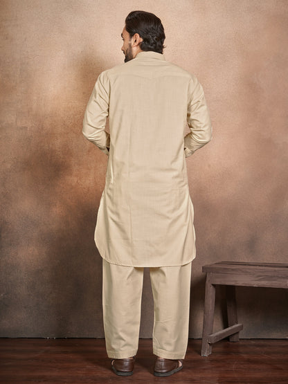 Shopgarb Men’s Beige Cotton Pathani Kurta Pyjama Set