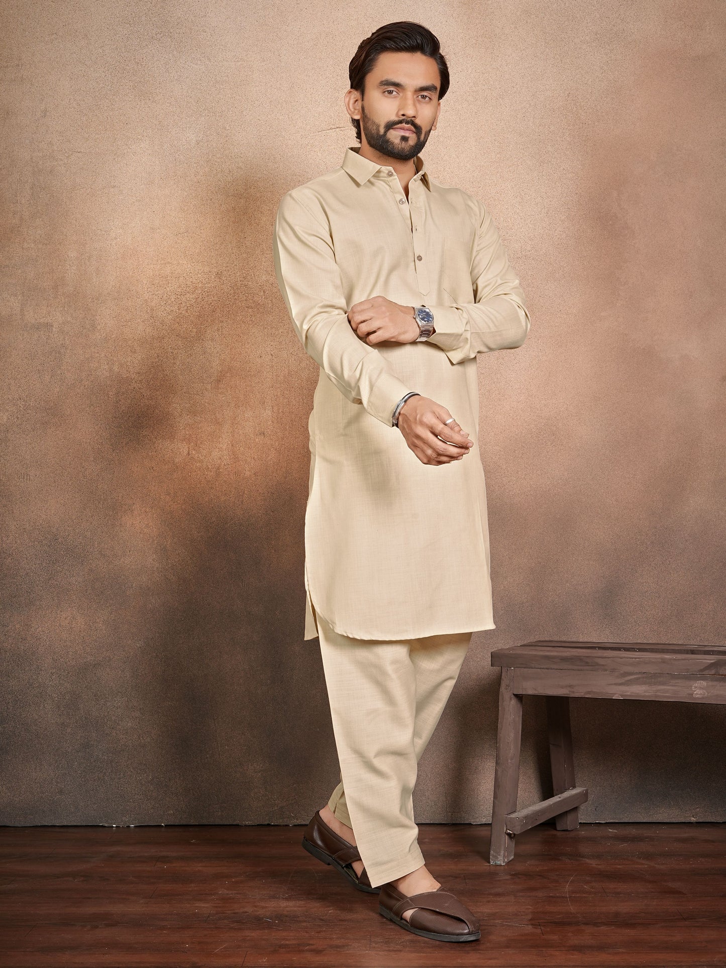 Shopgarb Men’s Beige Cotton Pathani Kurta Pyjama Set