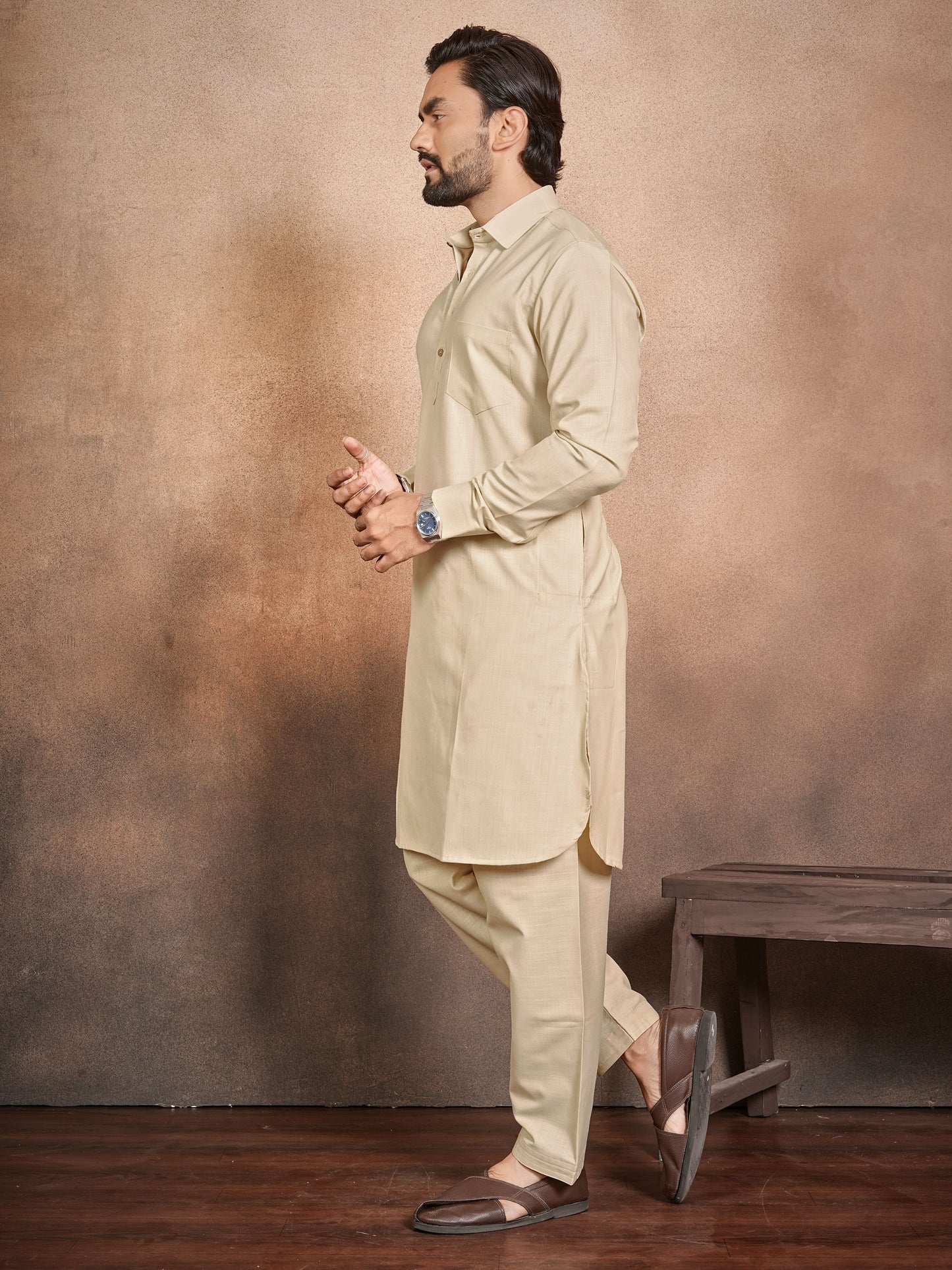 Shopgarb Men’s Beige Cotton Pathani Kurta Pyjama Set