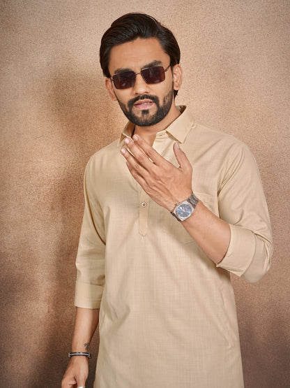 Shopgarb Men’s Beige Cotton Pathani Kurta Pyjama Set