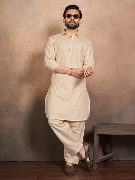 Shopgarb Men’s Beige Cotton Pathani Kurta Pyjama Set