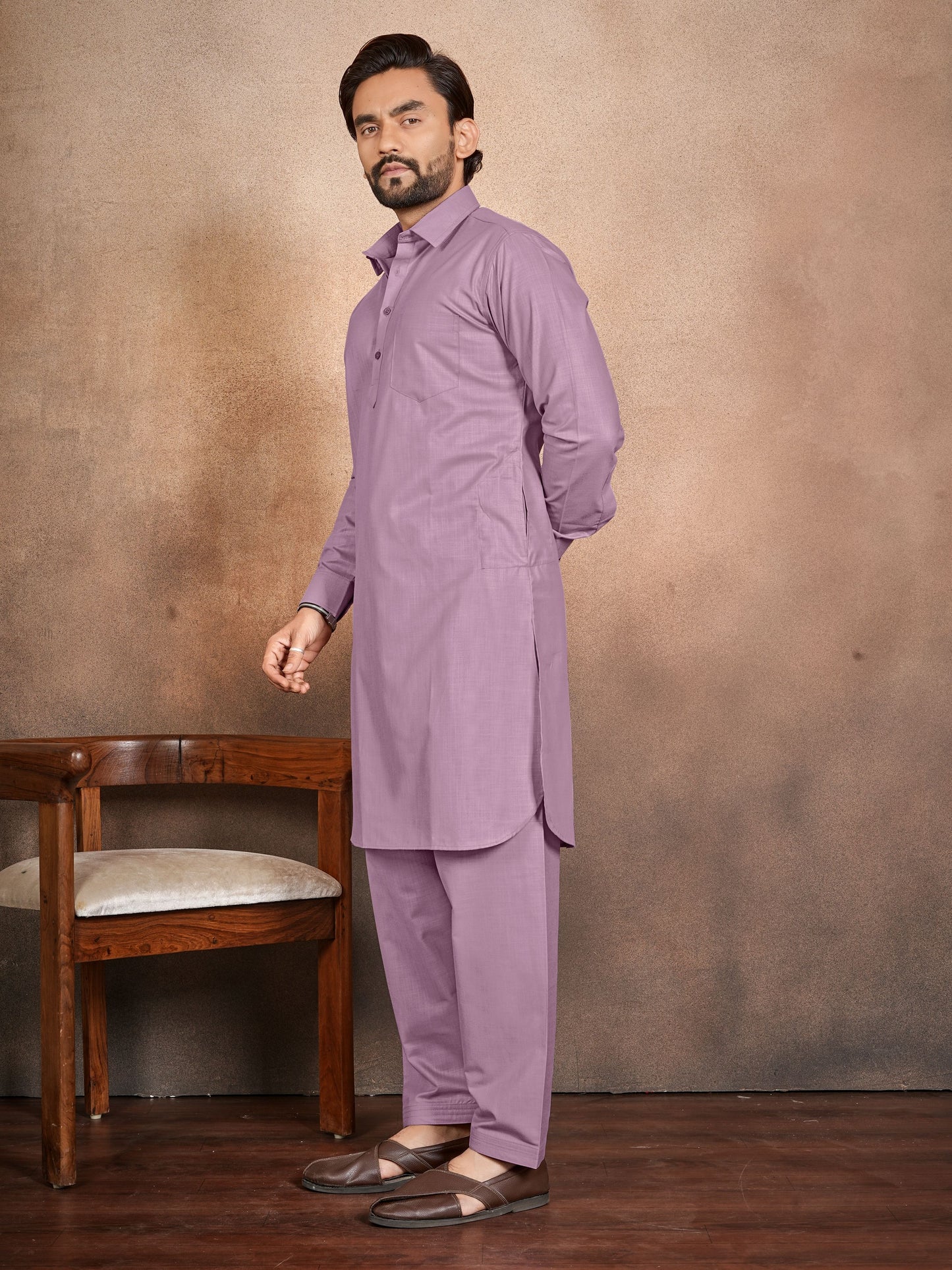 Shopgarb Men’s Lavender Cotton Pathani Kurta Pyjama Set