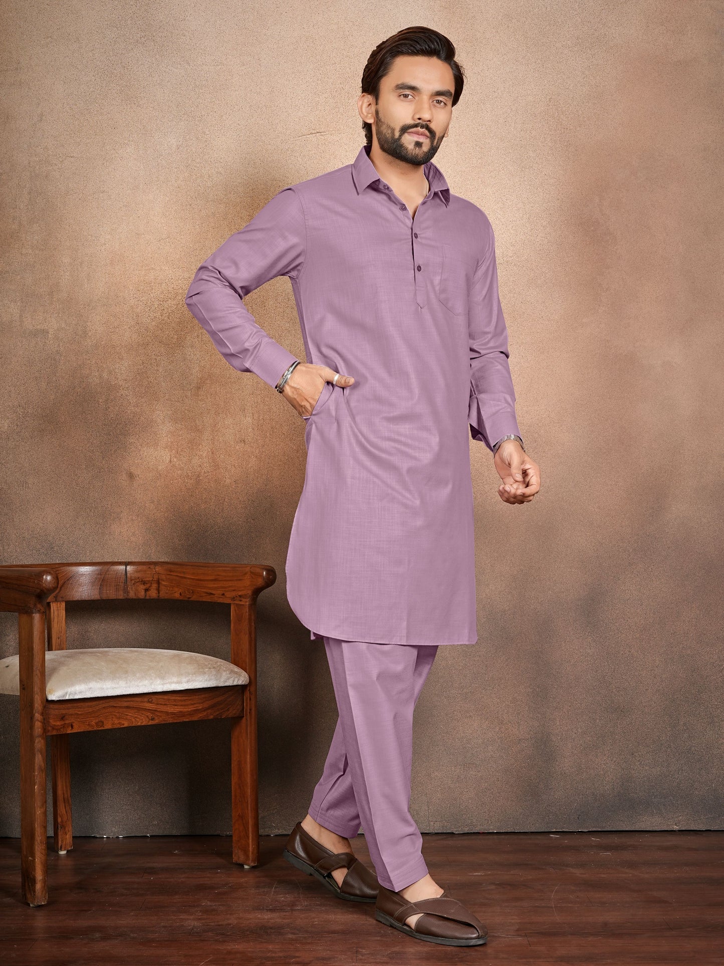 Shopgarb Men’s Lavender Cotton Pathani Kurta Pyjama Set