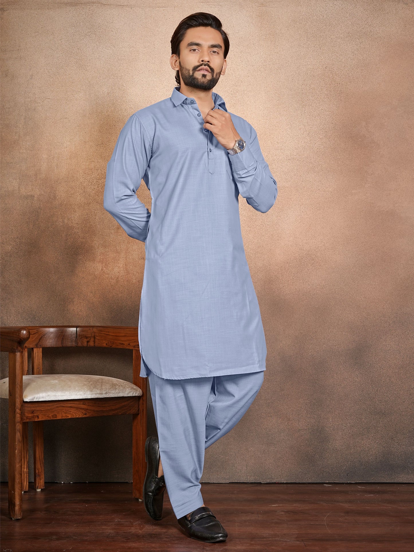 Shopgarb Men’s Light Blue Cotton Pathani Kurta Pyjama Set