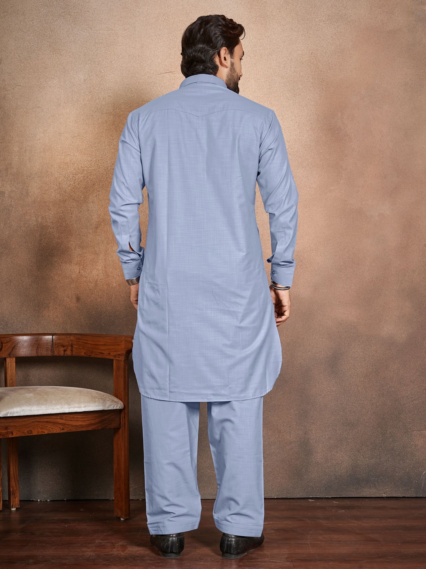 Shopgarb Men’s Light Blue Cotton Pathani Kurta Pyjama Set