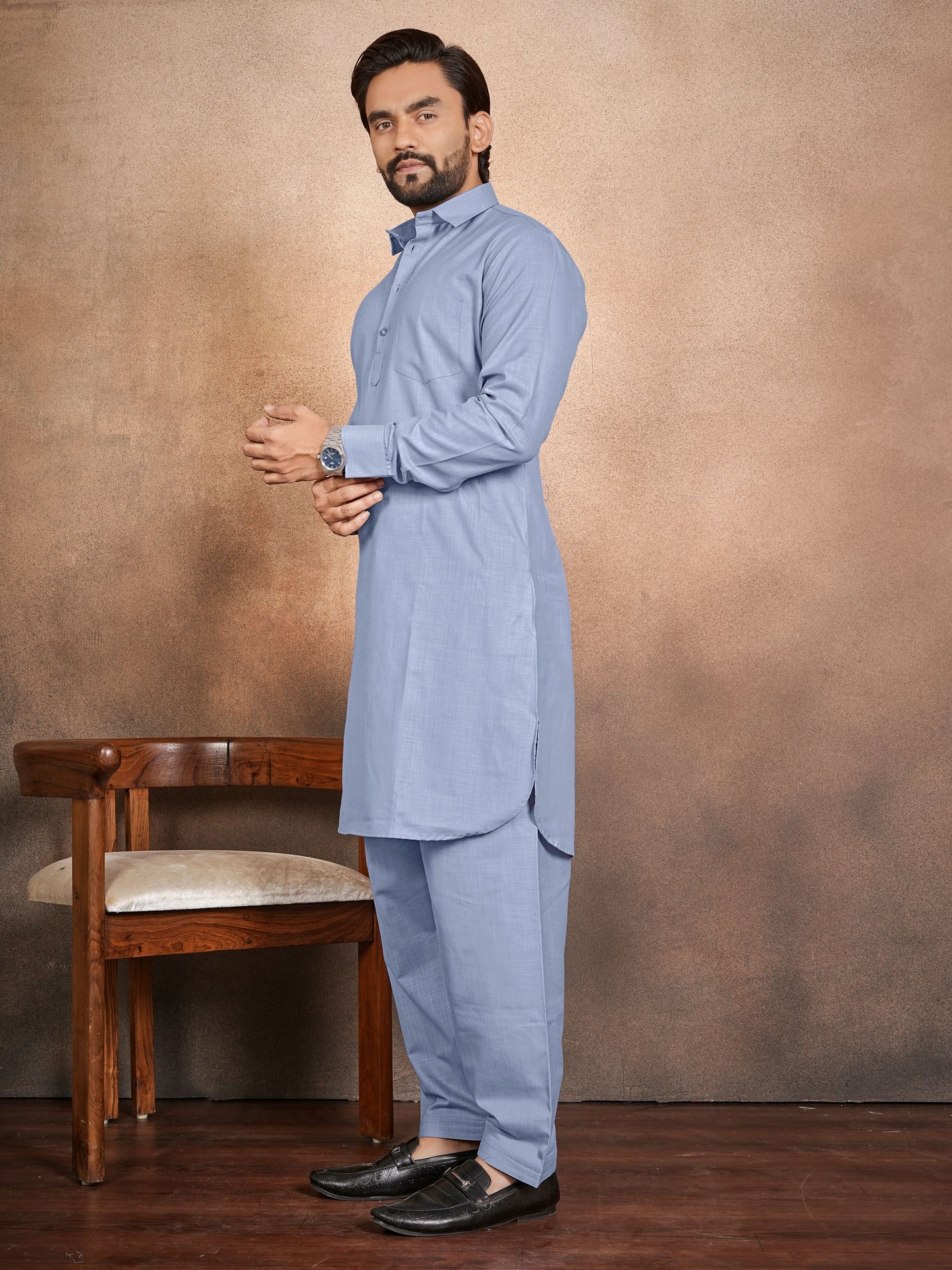 Shopgarb Men’s Light Blue Cotton Pathani Kurta Pyjama Set