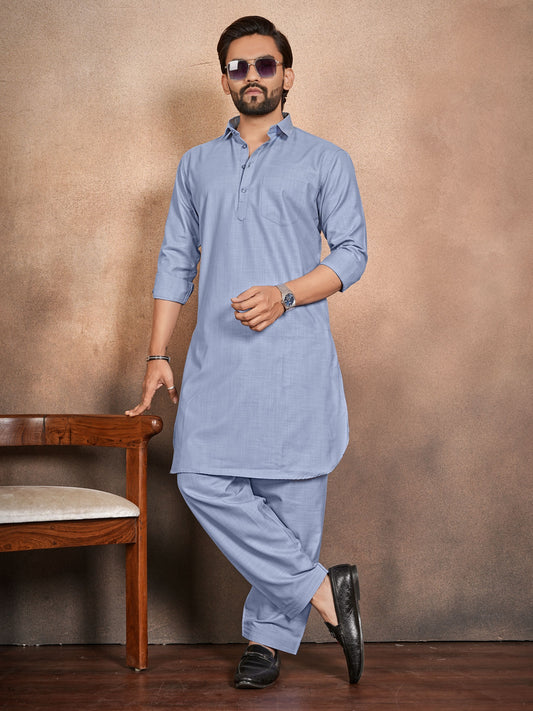 Shopgarb Men’s Light Blue Cotton Pathani Kurta Pyjama Set