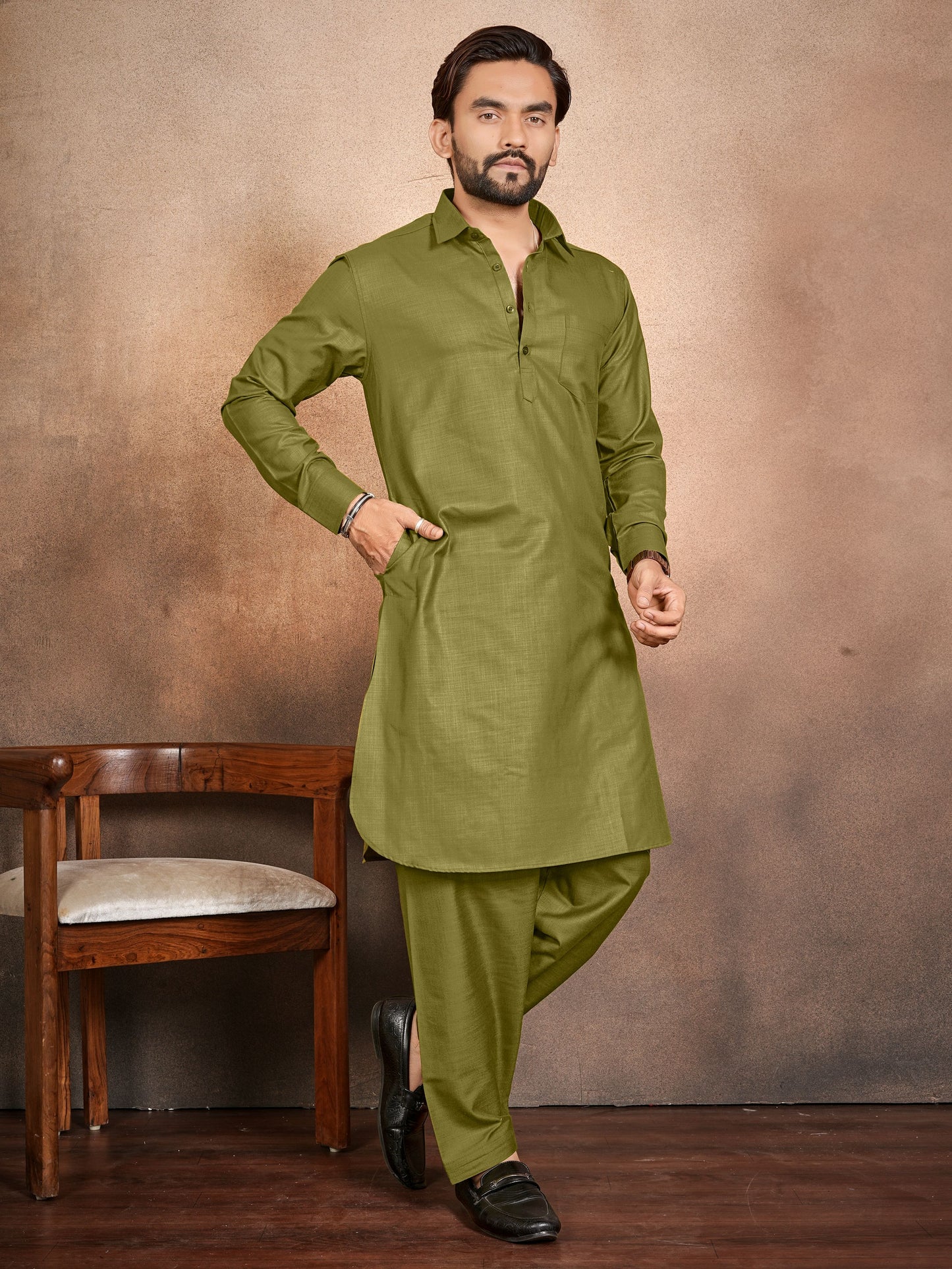Shopgarb Men’s Olive Green Cotton Pathani Kurta Pyjama Set