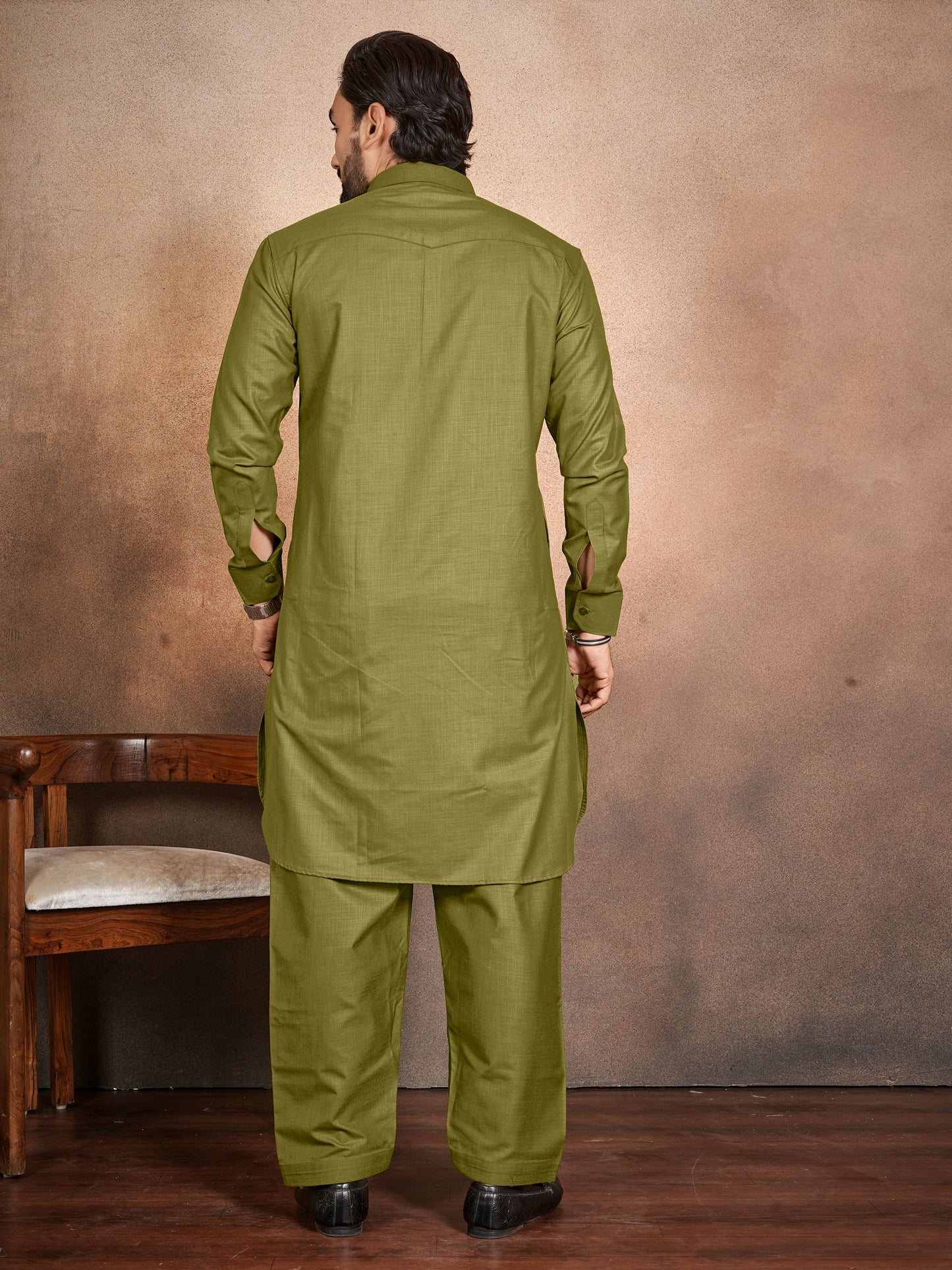 Shopgarb Men’s Olive Green Cotton Pathani Kurta Pyjama Set
