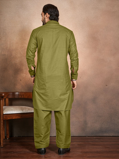 Shopgarb Men’s Olive Green Cotton Pathani Kurta Pyjama Set