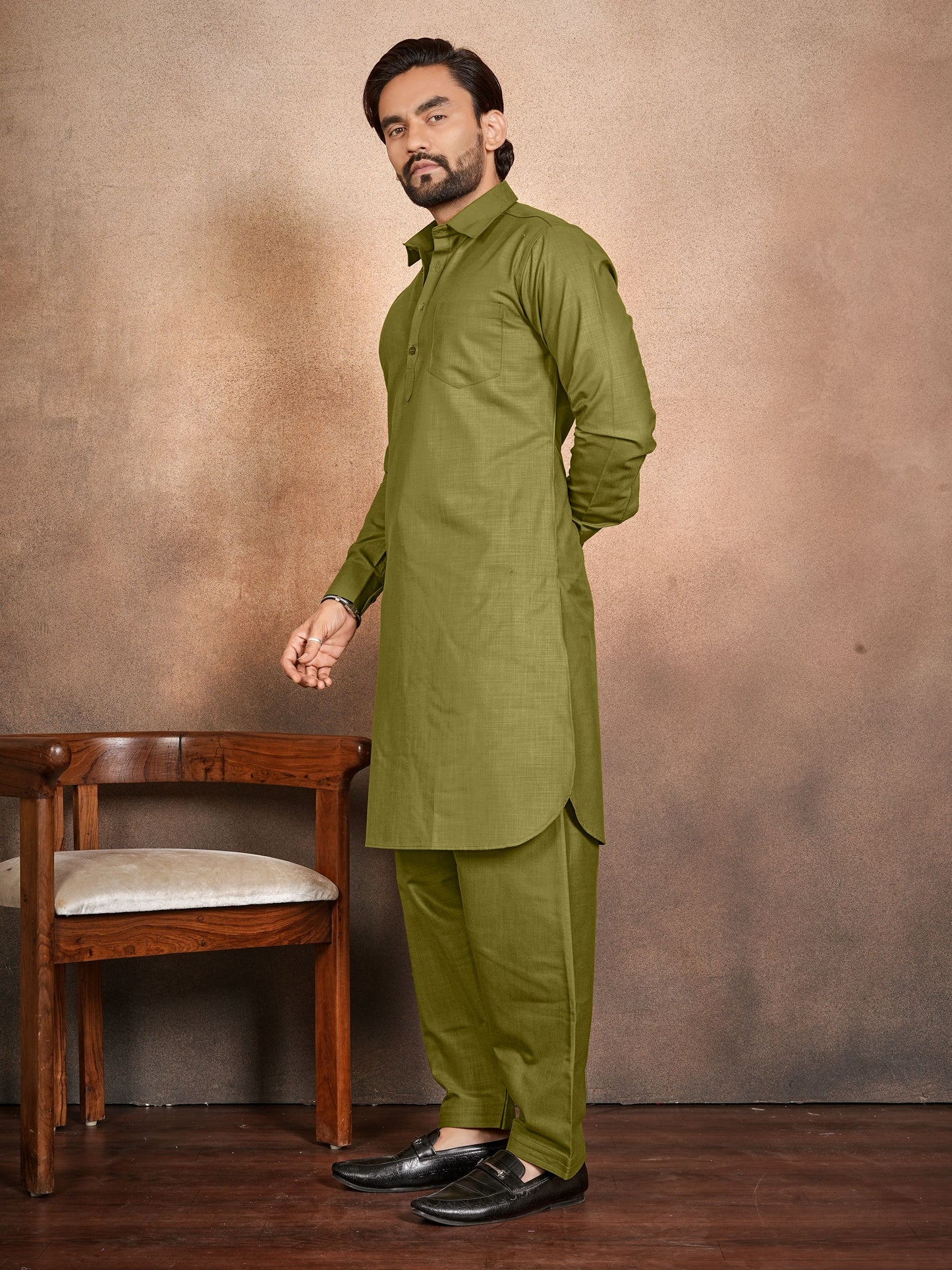 Shopgarb Men’s Olive Green Cotton Pathani Kurta Pyjama Set