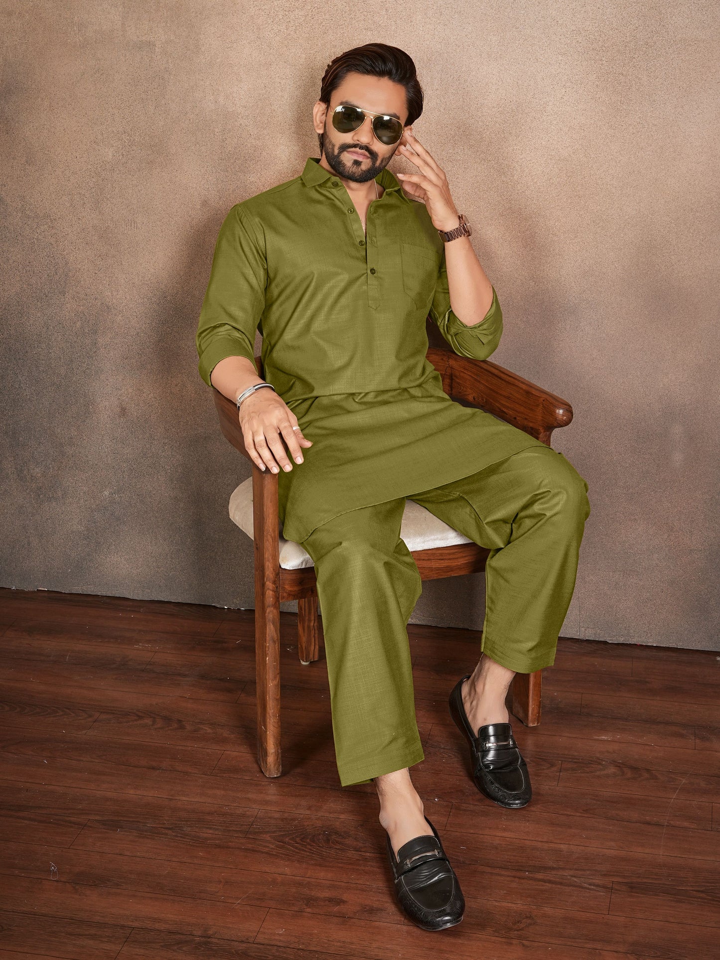 Shopgarb Men’s Olive Green Cotton Pathani Kurta Pyjama Set