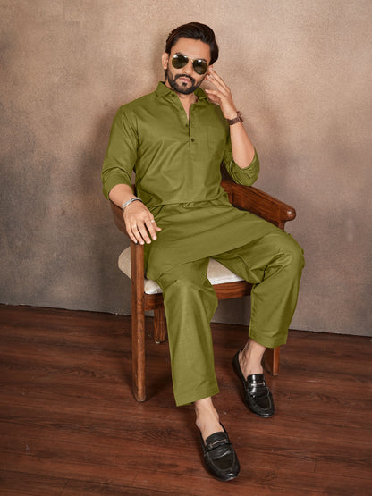 Shopgarb Men’s Olive Green Cotton Pathani Kurta Pyjama Set