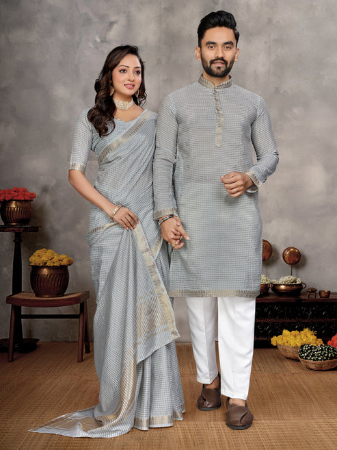 Grey Zari checks Silk Couple Set Kurta and Saree with Jacquard Border