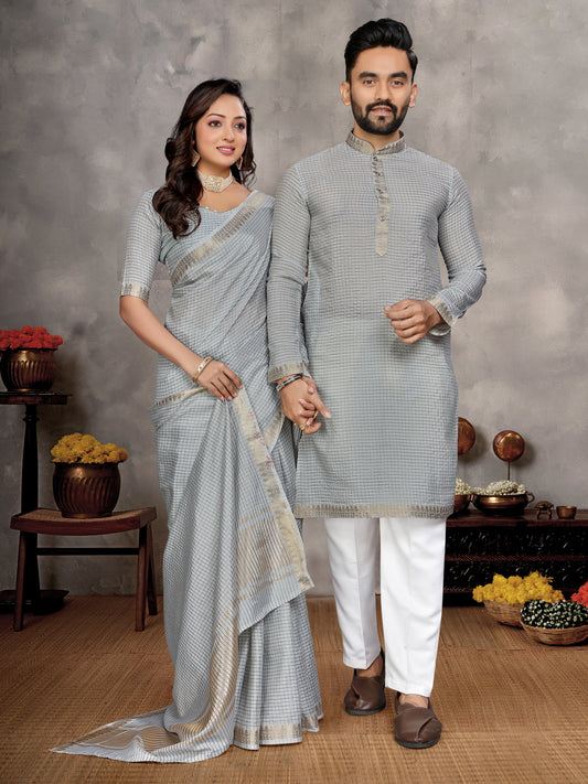 Grey Zari checks Silk Couple Set Kurta and Saree with Jacquard Border