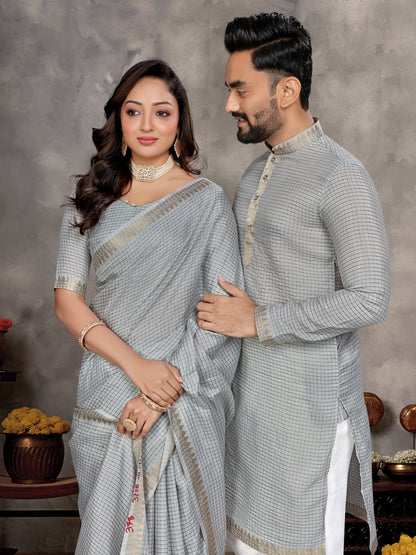 Grey Zari checks Silk Couple Set Kurta and Saree with Jacquard Border