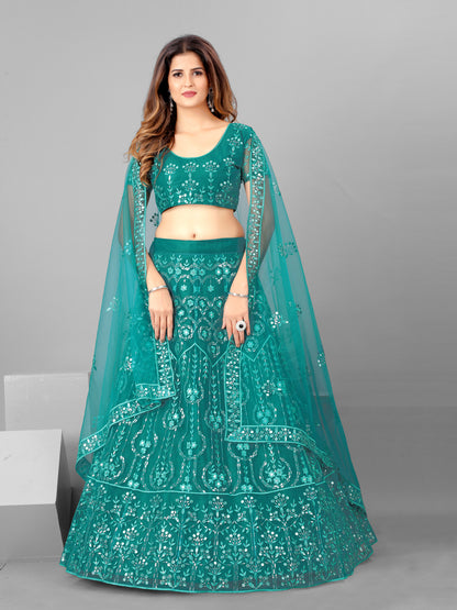 Higly Demanded Teal and Steel Color Sequins Wedding Wear Lehenga and Blouse With Dupatta