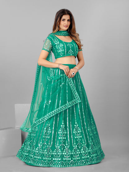Sea Green and Steel Sequins Wedding Wear Lehenga and Blouse With Dupatta