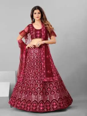 Captivation Maroon and Steel Sequins Wedding Wear Lehenga and Blouse With Dupatta
