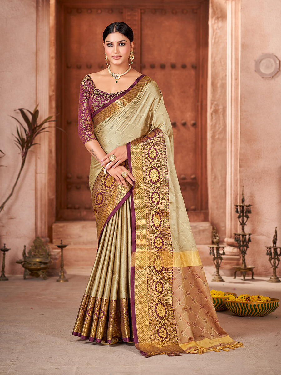 Beige & Maroon Banarasi Silk Zari Woven Saree