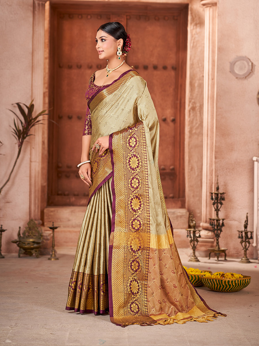 Beige & Maroon Banarasi Silk Zari Woven Saree