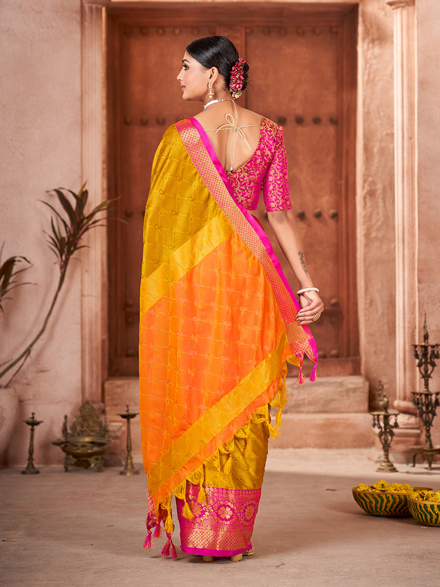 Mustard & Pink Banarasi Silk Zari Woven Saree