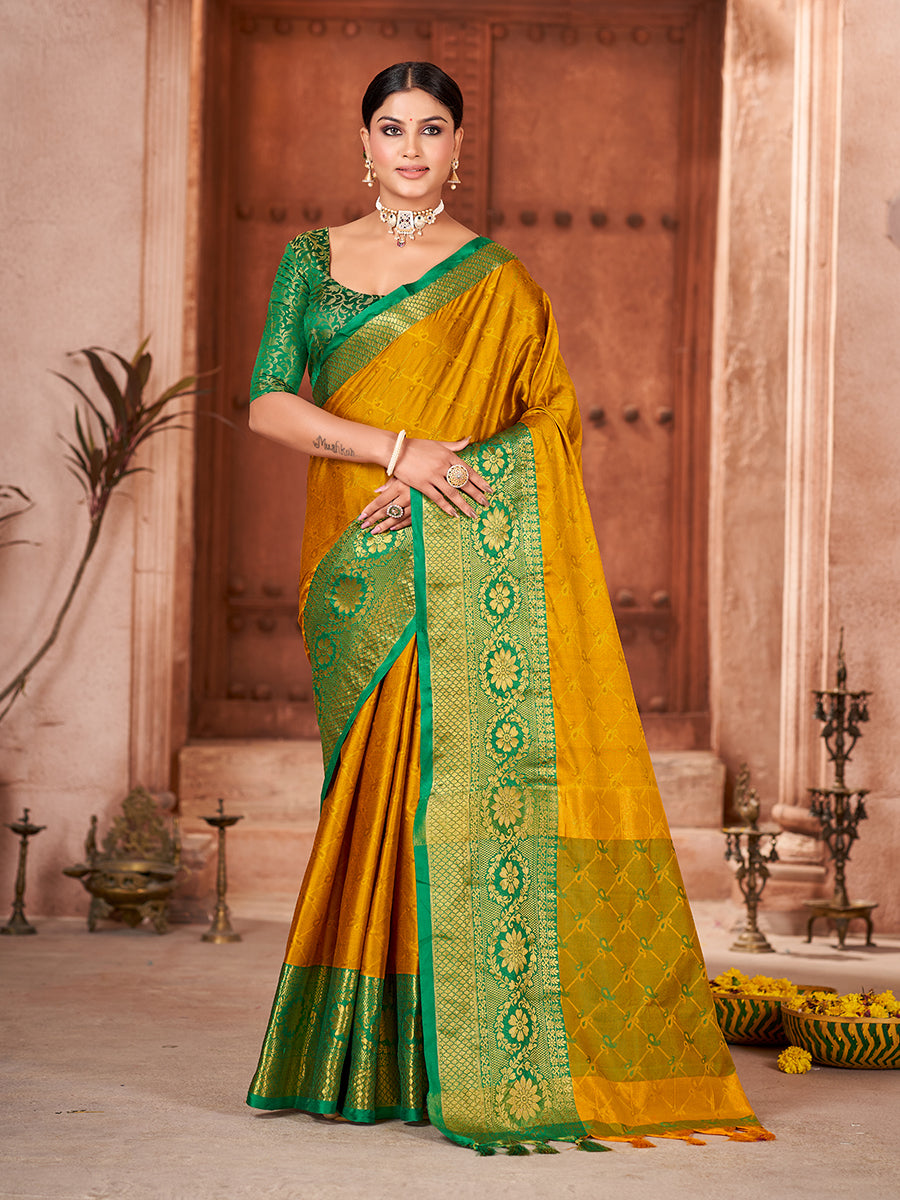 Mustard & Green Banarasi Silk Zari Woven Saree