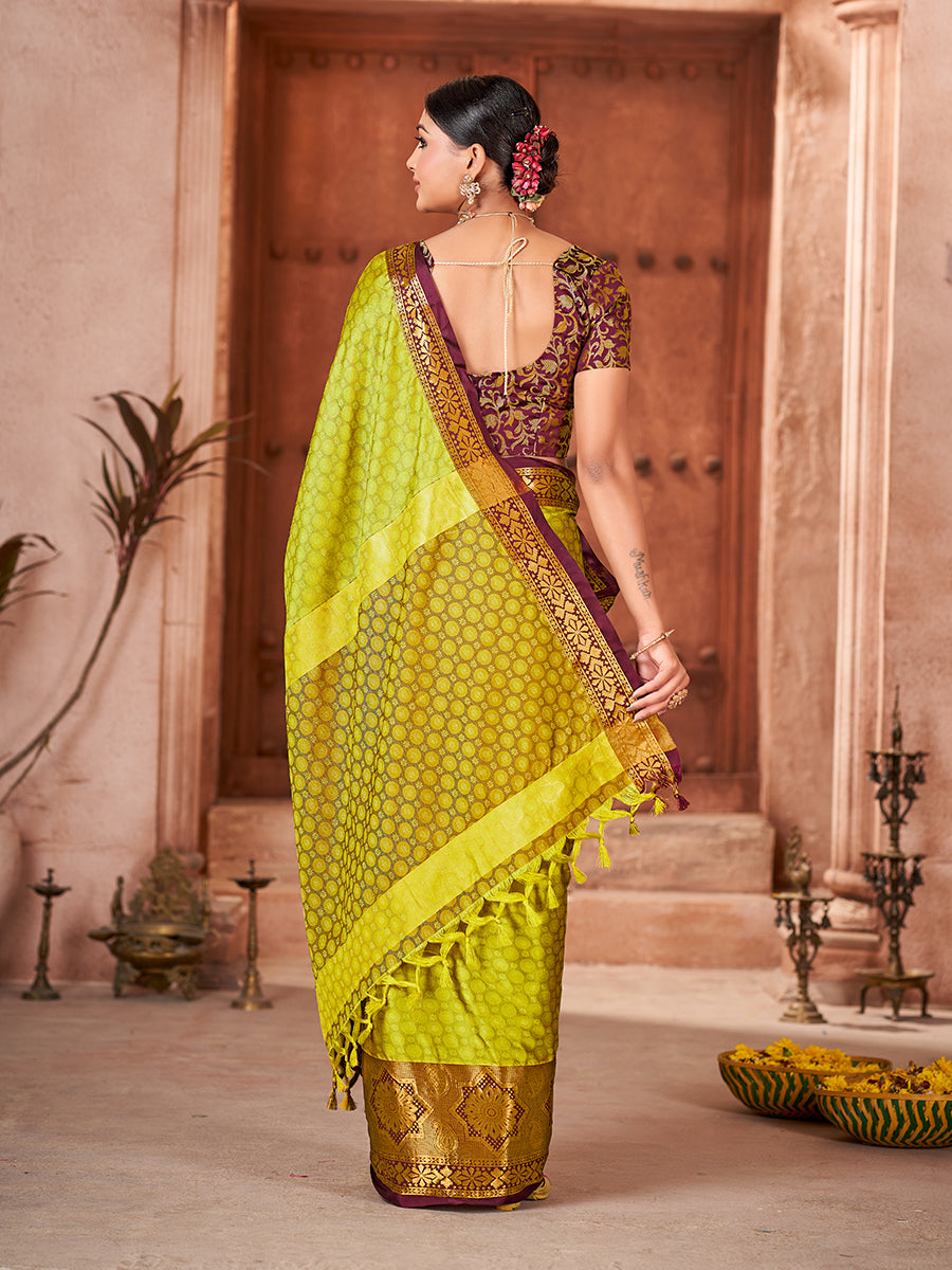Yellow & Maroon Banarasi Silk Zari Woven Designer Saree