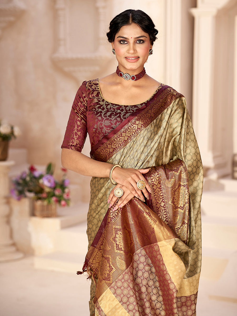 Beige & Maroon Banarasi Silk Zari Woven Designer Saree