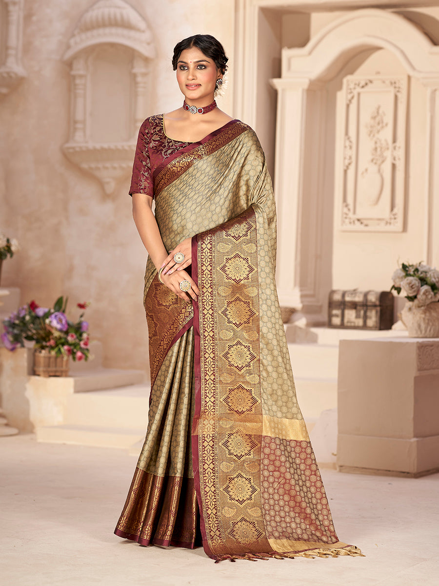 Beige & Maroon Banarasi Silk Zari Woven Designer Saree