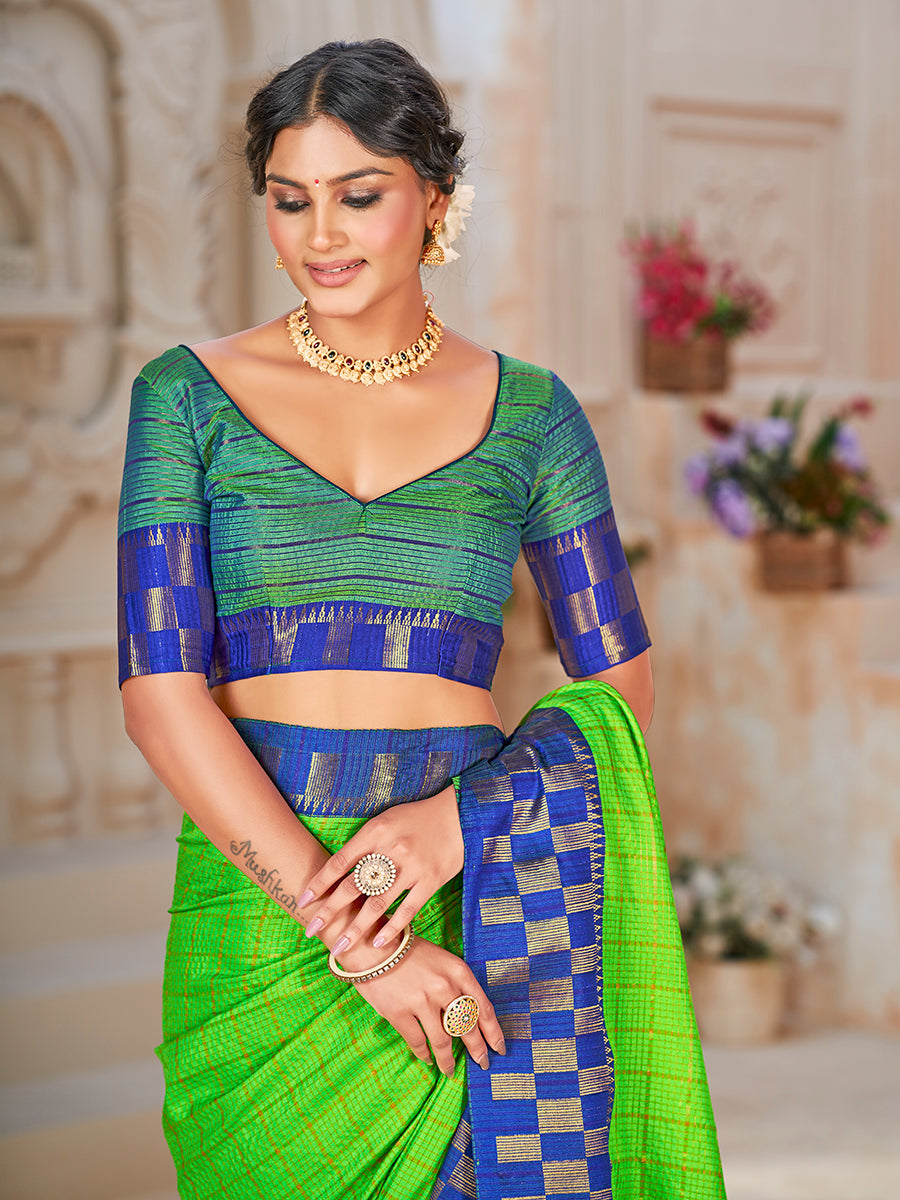 Green & Blue Banarasi Silk Zari Checks Woven Saree