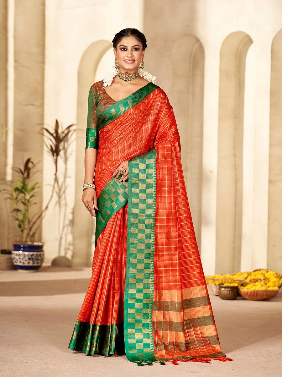 Orange & Green Banarasi Silk Zari Checks Woven Saree
