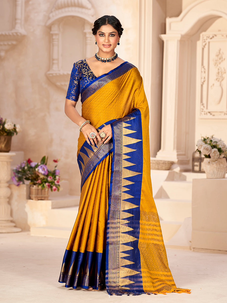 Yellow & Blue Zari Woven Banarasi Silk Saree With Rich Pallu