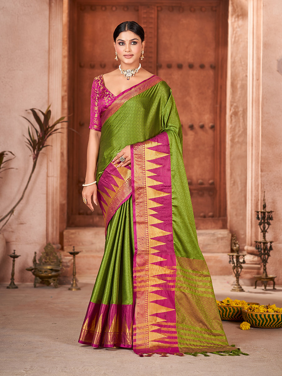 Olive Green & Pink Zari Woven Banarasi Silk Saree With Rich Pallu