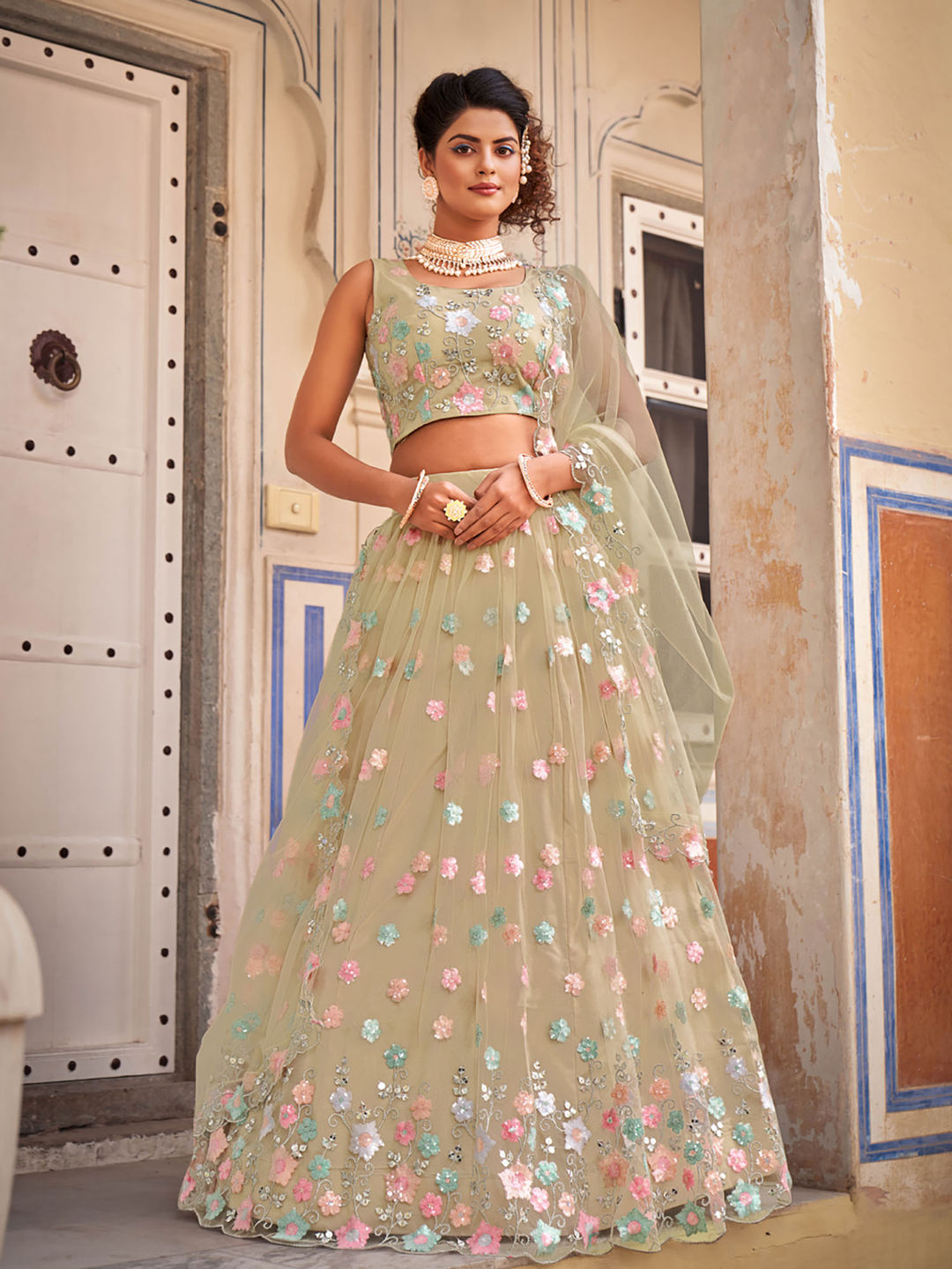 Beige Designer Georgette Embroidered Lehenga Choli