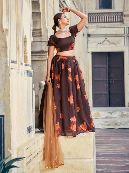 Brown Printed Semi-Stitched Lehenga Choli With Dupatta