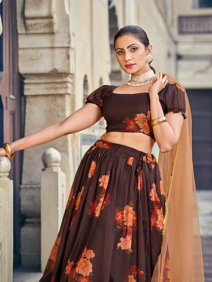 Brown Printed Semi-Stitched Lehenga Choli With Dupatta