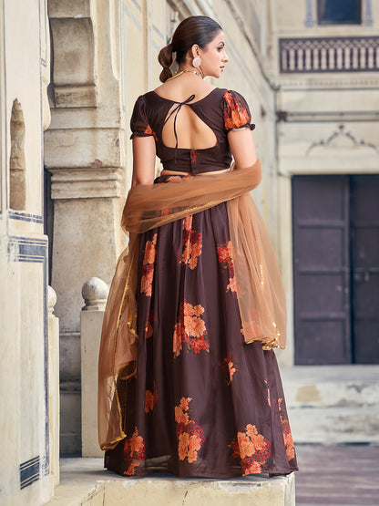 Brown Printed Semi-Stitched Lehenga Choli With Dupatta