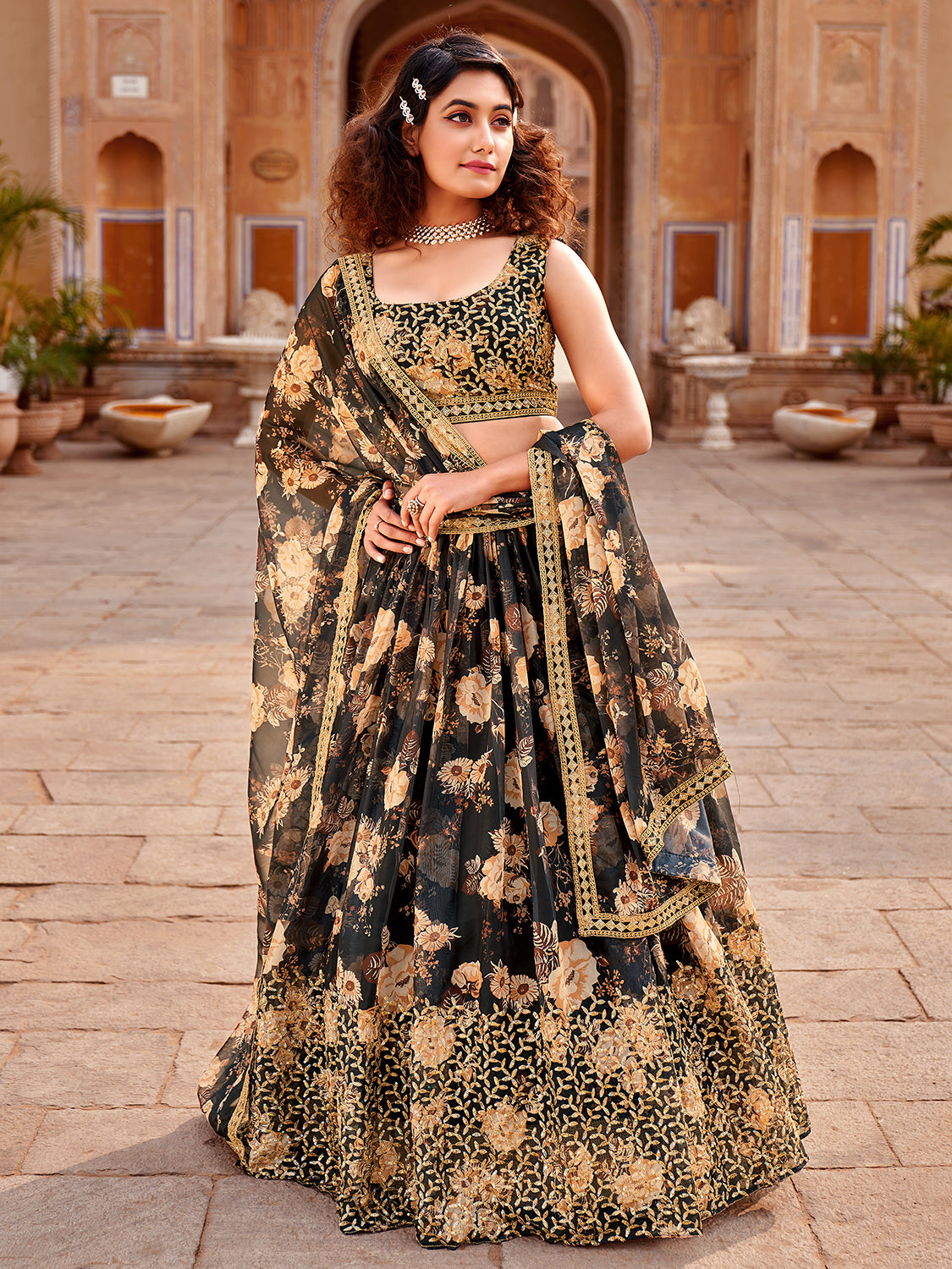 Black Floral Printed Organza Lehenga Choli